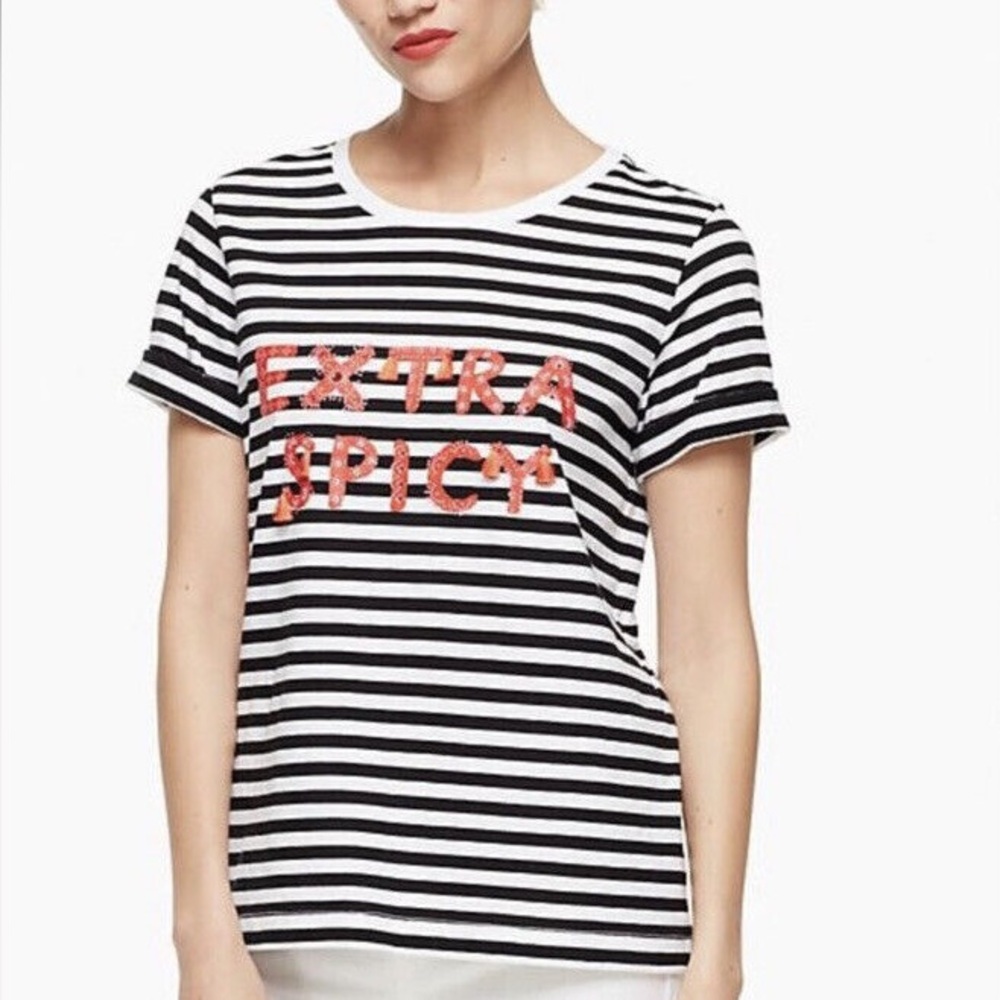 Kate Spade Black/White striped “Extra Spicy” Tee